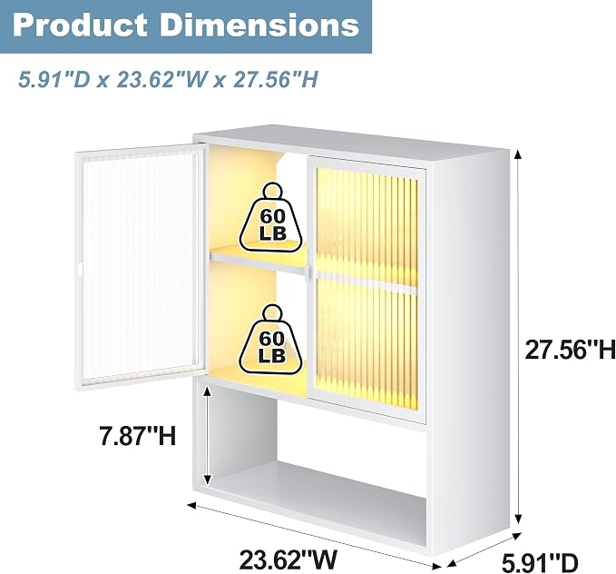 Metal Wall Cabinet with Glass Doors & LED Lights, Small Wall Mounted Medicine - Image 3