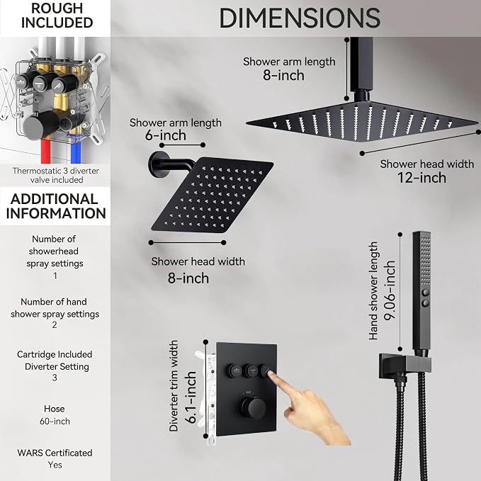 Thermostatic Shower Systems Matte Black Shower Faucets Sets, STARBATH 12+ 8" - Image 6