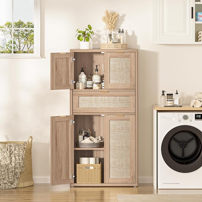 LEYAOYAO 48" Tall Storage Cabinet Set of 2, Rattan Bathroom Floor Cabinets - Image 9