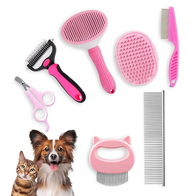 7-in-1 Pet Grooming Kit for Dogs & Cats Deshedding Brush, Bath Brush, Flea Comb by BKRMART