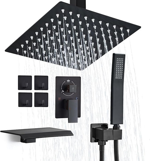 12 Inch Ceiling Mount Shower System Matte Black Rain Mixer Shower Combo Set by RTOBWEYE