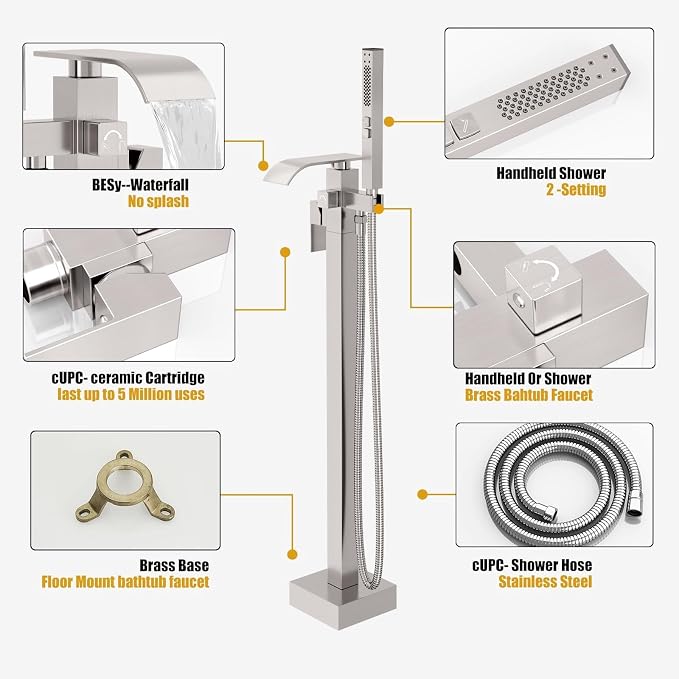 BESy Tub Filler Freestanding Bathtub Faucet Brushed Nickel Floor Mount Tub - Image 3