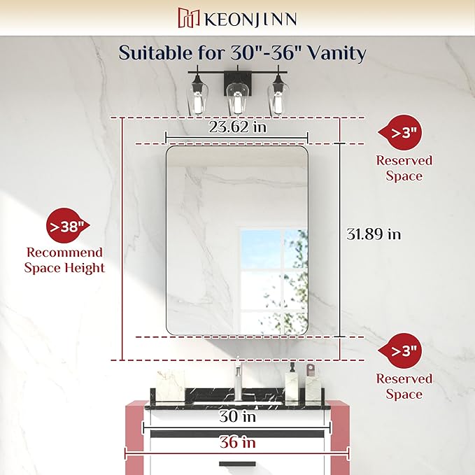 Keonjinn 24 x 32 Inch Chrome Recessed Medicine Cabinets, Bathroom Mirrored - Image 2
