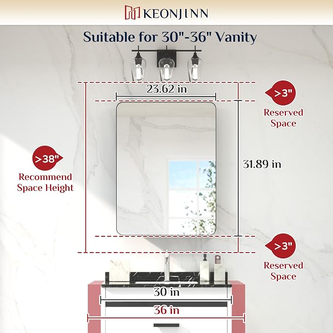 Keonjinn 24 x 32 Inch Black Recessed Medicine Cabinets, Bathroom Mirrored - Image 3