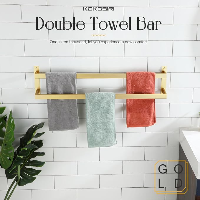 KOKOSIRI Bath Towel Bars Bathroom 2-Tiers Ladder Brushed Gold Towel Rails - Image 3