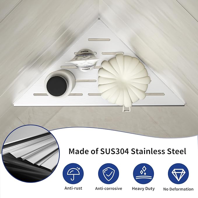 Corner Shower Shelf 10" Brushed 304 Stainless Steel Slot Design Recessed Corner - Image 3