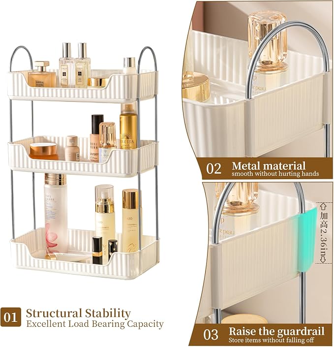 Bathroom Counter Cosmetic Organizer, 3 Tier-Cream White, Alloy Steel & PET - Image 5