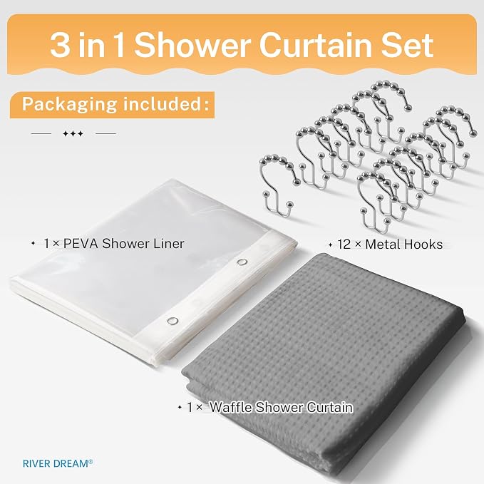 River Dream 3 in 1 Shower Curtain Set, Waffle Fabric Shower Curtain and - Image 6