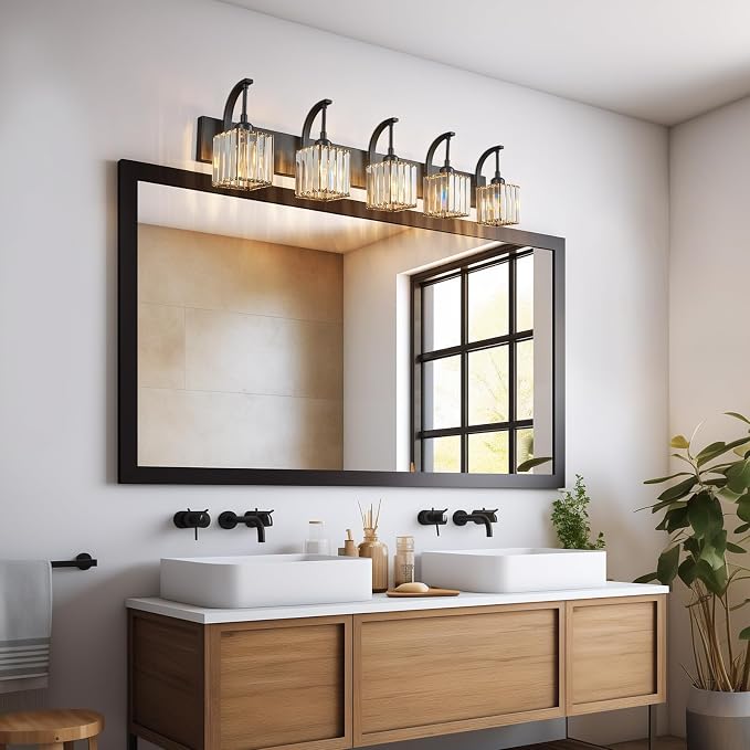 5-Light Crystal Vanity Light, Modern Black Bathroom Wall Sconce - Image 6