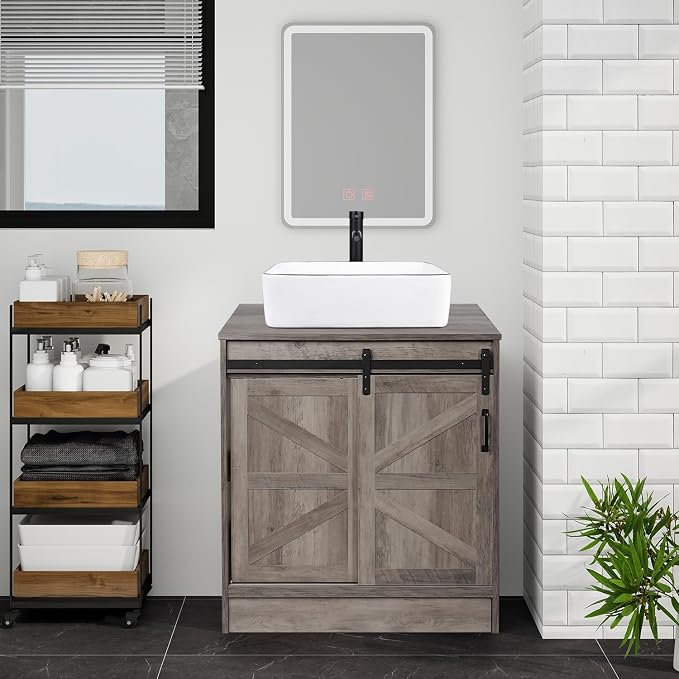 30" Barn Door Bathroom Vanity, Farmhouse Style Standing Pedestal Cabinet by Solidee