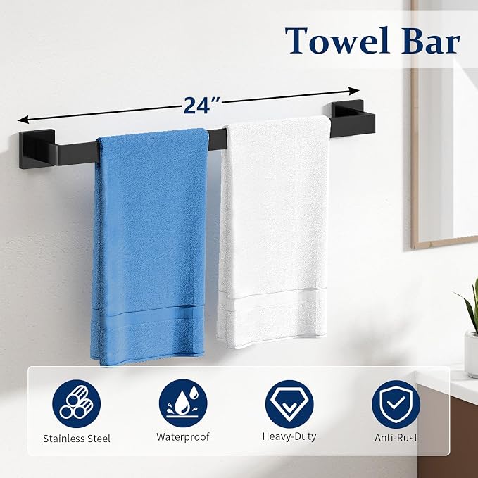 20-Pieces Matte Black Bathroom Hardware Set, 24 Inch Bath Towel Bar Set - Image 2