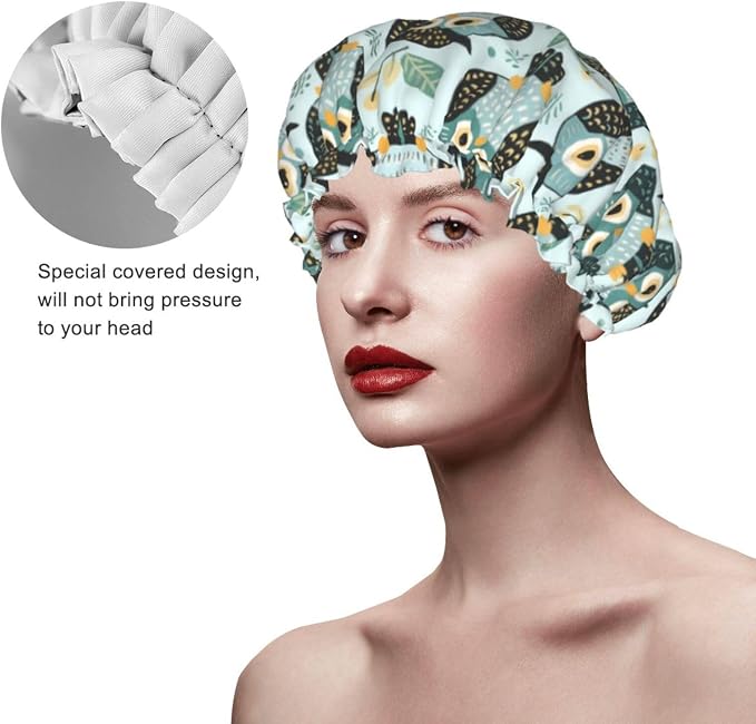 Double Layers Shower Cap for Women Girls, Owl Art Shower Hair Bath Hat Elastic - Image 4