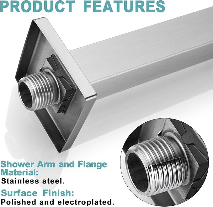 BESTILL 20 Inch Brushed Nickel Ceiling Mount Shower Arm and Flange, Square Rain - Image 5