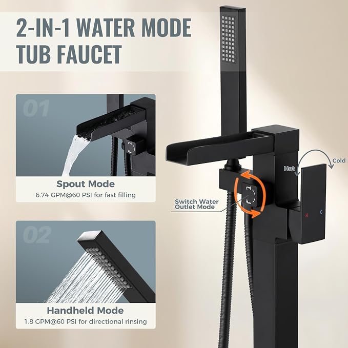 Freestanding Tub Faucet Matte Black: ALEASHA High Flow Max 6.74 GPM Free - Image 3
