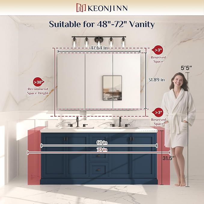 Keonjinn 48 x 32 Inch Large Medicine Cabinet Mirror, Assembly Required - Image 6