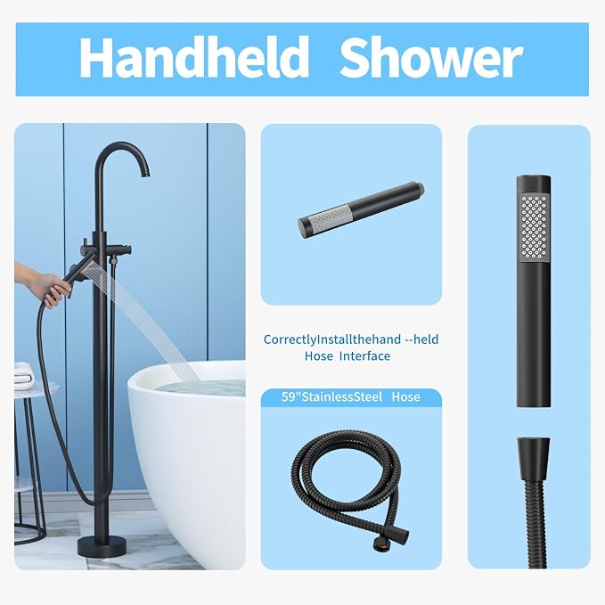 Freestanding Tub Filler Matte Black Floor Mount Bathtub Faucet Bathroom - Image 5