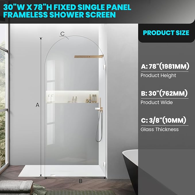 Bathroom Glass Shower Door Panel, 3/8" Thick Clear Tempered Glass Shower Screen - Image 2