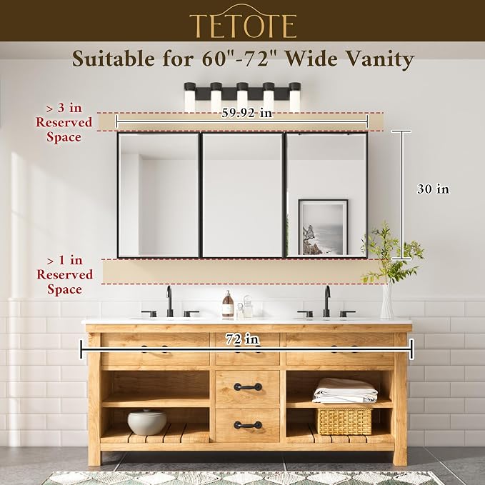 TETOTE 60" x 30" Black Recessed Medicine Cabinets Mirror Bathroom Storage - Image 3