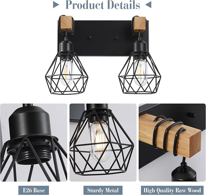 Farmhouse Vanity Light for Bathroom, 2-Light Wood Bathroom Vanity Light - Image 4