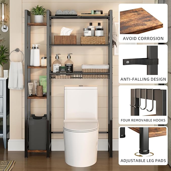 Over The Toilet Storage with Side Rack, 7-Tier Bathroom Organizer with - Image 4