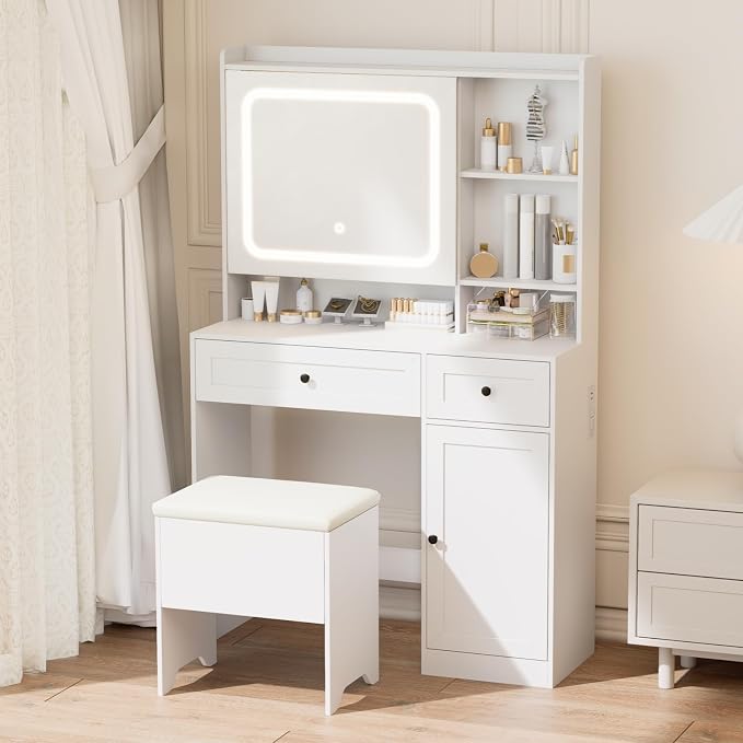 Vanity Table with Hidden Storage & LED Mirror by Unknown