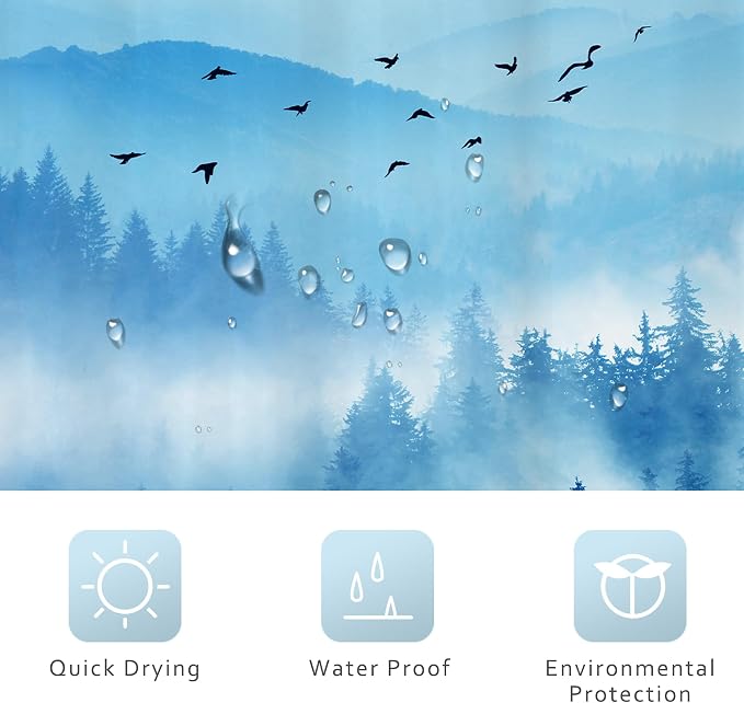 Riyidecor Navy Blue Shower Curtain，Mountain Nature Woodland Scenery，Park Scene - Image 6