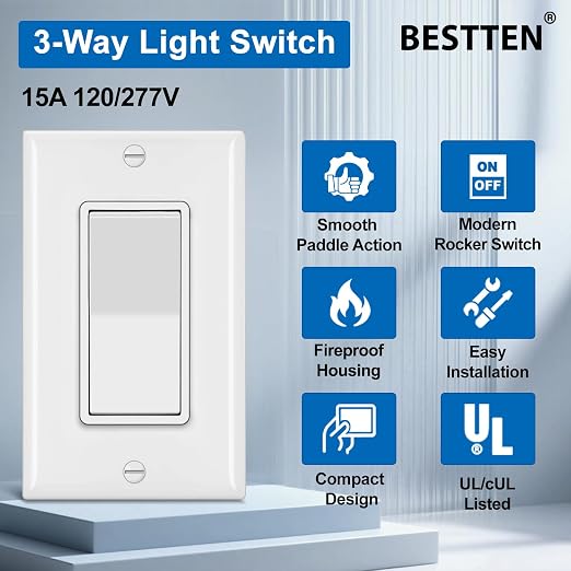 BESTTEN 10 Pack 3-Way Decorator Wall Light Switch - Image 2