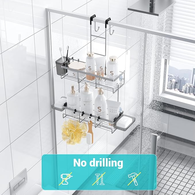 Hanging Shower Caddy Over Door: Silver Rustproof Shower Organizer over the Door - Image 4