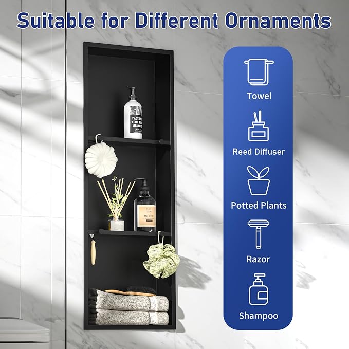 Stainless Steel Shower Niche w/Hooks, Wall Vertical Niche Without Tiling - Image 7