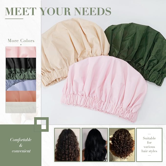 Reusable Shower Cap for Women, Large Waterproof Shower Bonnet Washable Elastic - Image 5