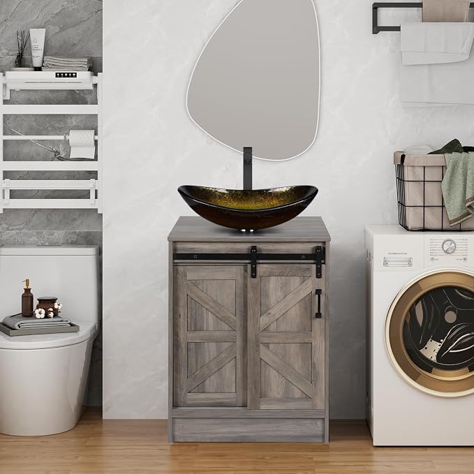 24 inches Barn Door Bathroom Vanity, Farmhouse Style Standing Pedestal Cabinet by Solidee