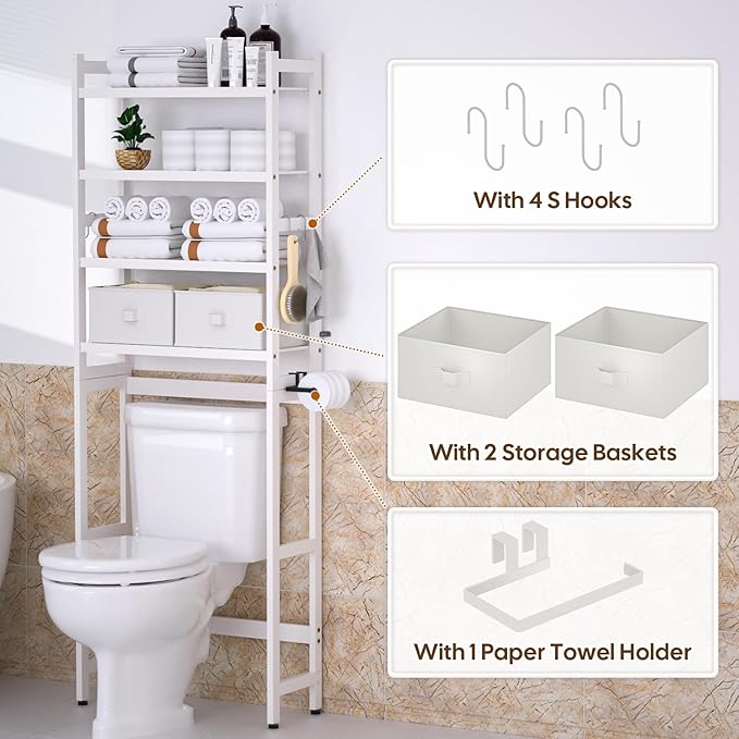Over The Toilet Storage with 2 Baskets, 4-Tier Bamboo Organizer Rack with Paper - Image 4