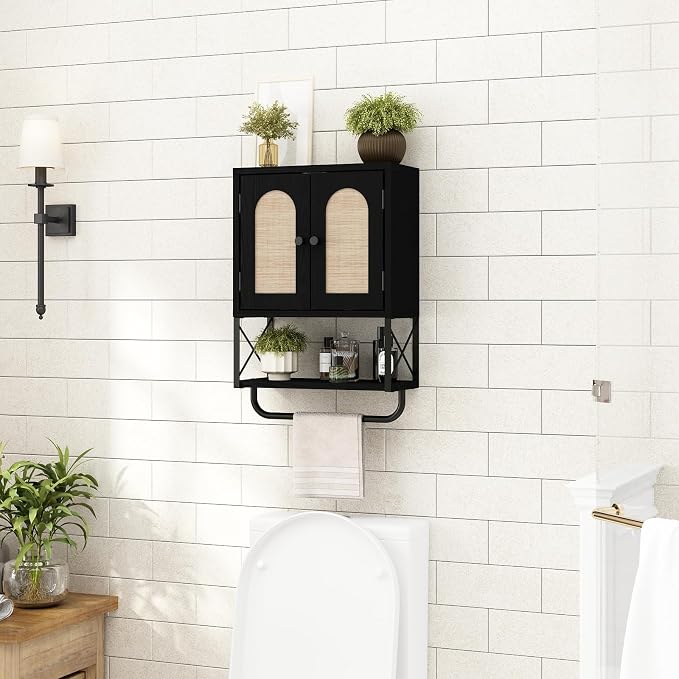 RUSTOWN Rattan Bathroom Wall Cabinet, Boho Over The Toilet Storage Cabinet - Image 3