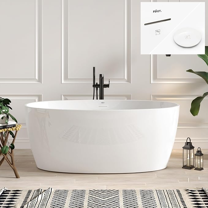 FerdY Tahiti 59" Acrylic Freestanding Bathtub, Elegant Oval Shape Bathtub by FerdY