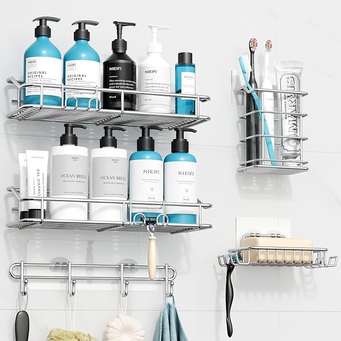 Nieifi Shower Caddy Shelf with Hooks Storage Rack Organizer Adhesive Stainless - Image 2