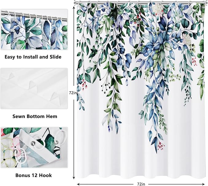 Shower Curtain, Watercolor Green Leaf Shower Curtain Sets Waterproof Plant - Image 6