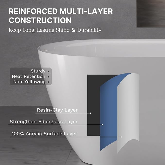 67" Acrylic Freestanding Soaking Bathtub, Modern Oval Acrylic Bath Tub - Image 3