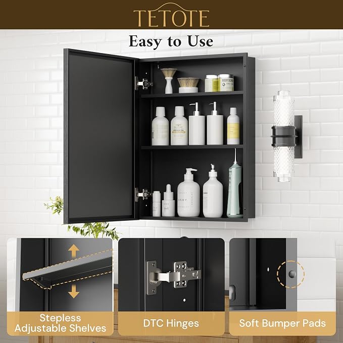 TETOTE 20" x 26" Recessed Medicine Cabinets Black Bathroom Storage - Image 8