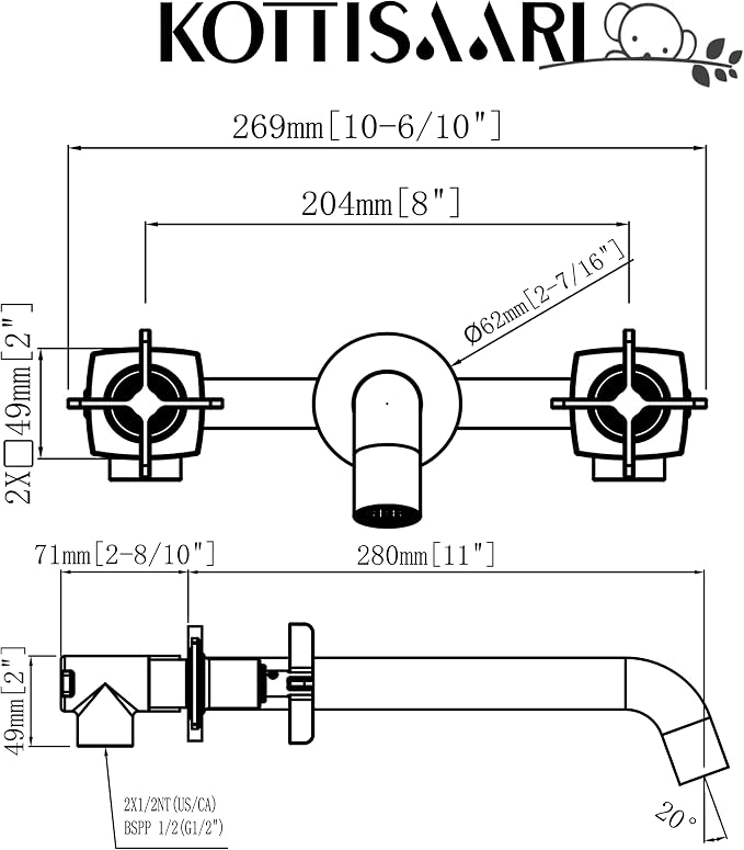 Wall Mount Tub Filler, Two Cross Handle Bathtub Faucet, Extra Long Spout Reach - Image 7