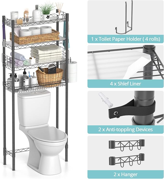 4-Tier Toilet Shelf Storage, Bathroom Organizer Shelves Over Toilet Storage - Image 7