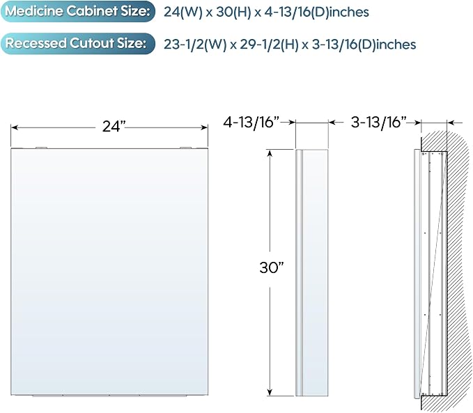 WELLFOR 24" x 30" Bathroom Medicine Cabinet, Anodized Chrome Aluminum Frame - Image 2