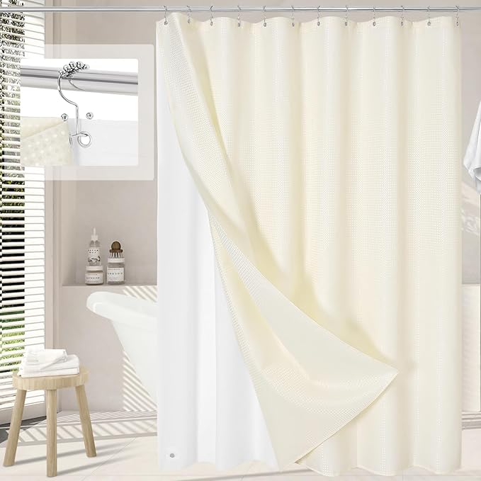 3 in 1 Shower Curtain Set, Cream Waffle Shower Curtain and PEVA Liner Set by Unknown