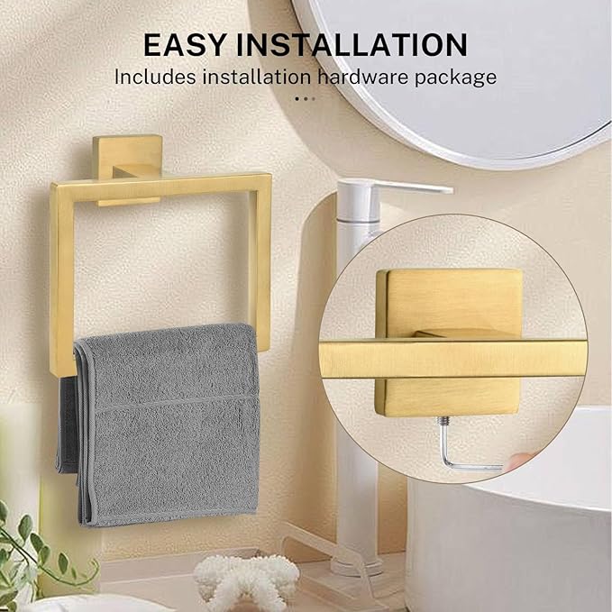 2-Piece Brushed Gold Towel Ring, Square Hand Towel Holder, Stainless Steel - Image 4