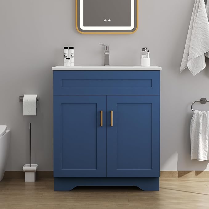 Bathroom 30" Vanity with Ceramic Sink, Wooden Double Door Bathroom Storage by Chyanmoo