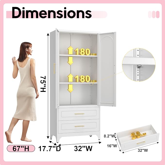 Pantry Kitchen Cabinet with Drawer, Metal Storage Cabinets with Doors and - Image 3