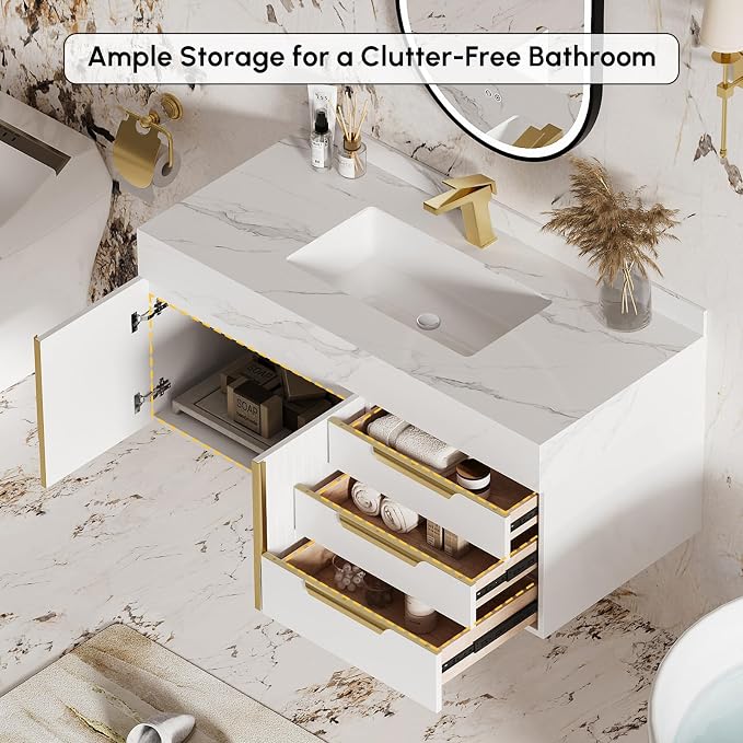 homary 35" White Floating Bathroom Vanity Set, Wall-Mounted Single Sink Cabinet - Image 5