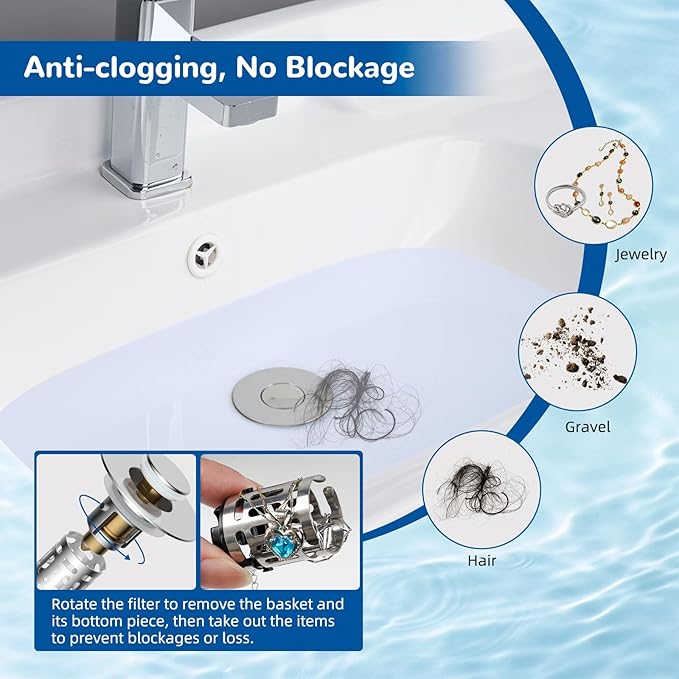 Hibbent Upgraded 3 in 1 Bathroom Sink Drain Strainer, Universal Pop Up Stopper - Image 2