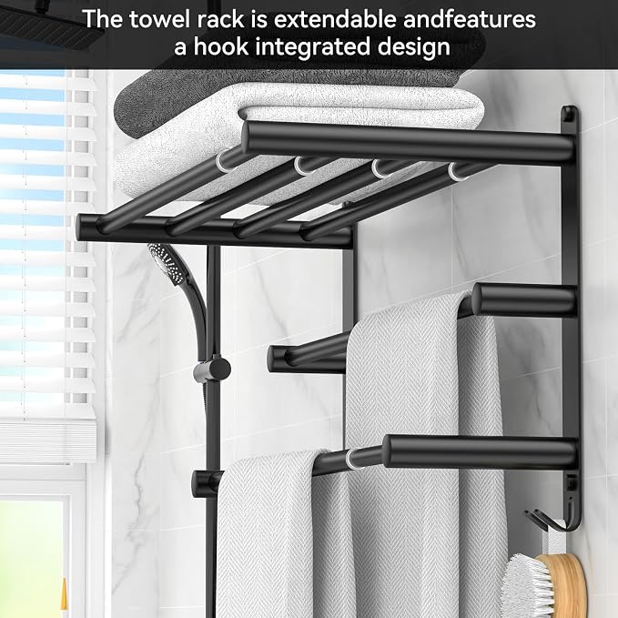 Black Adjustable Towel Bar for Bathroom Wall Mount17-30.7inch Adhesive Shower - Image 4