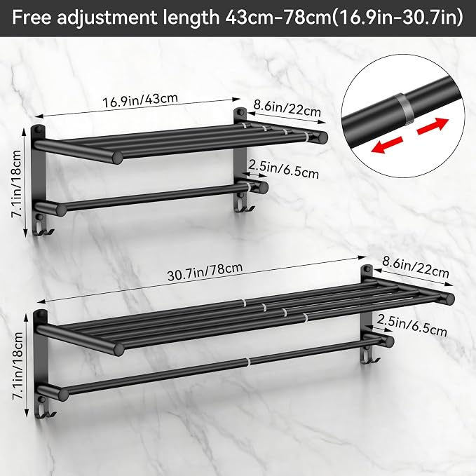 Black Adjustable Towel Bar for Bathroom Wall Mount17-30.7inch Adhesive Shower - Image 3