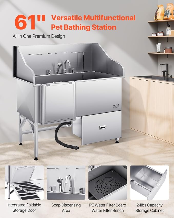VEVOR Professional 304 Stainless Steel Dog Bathing Station, 61 inch Pet - Image 2